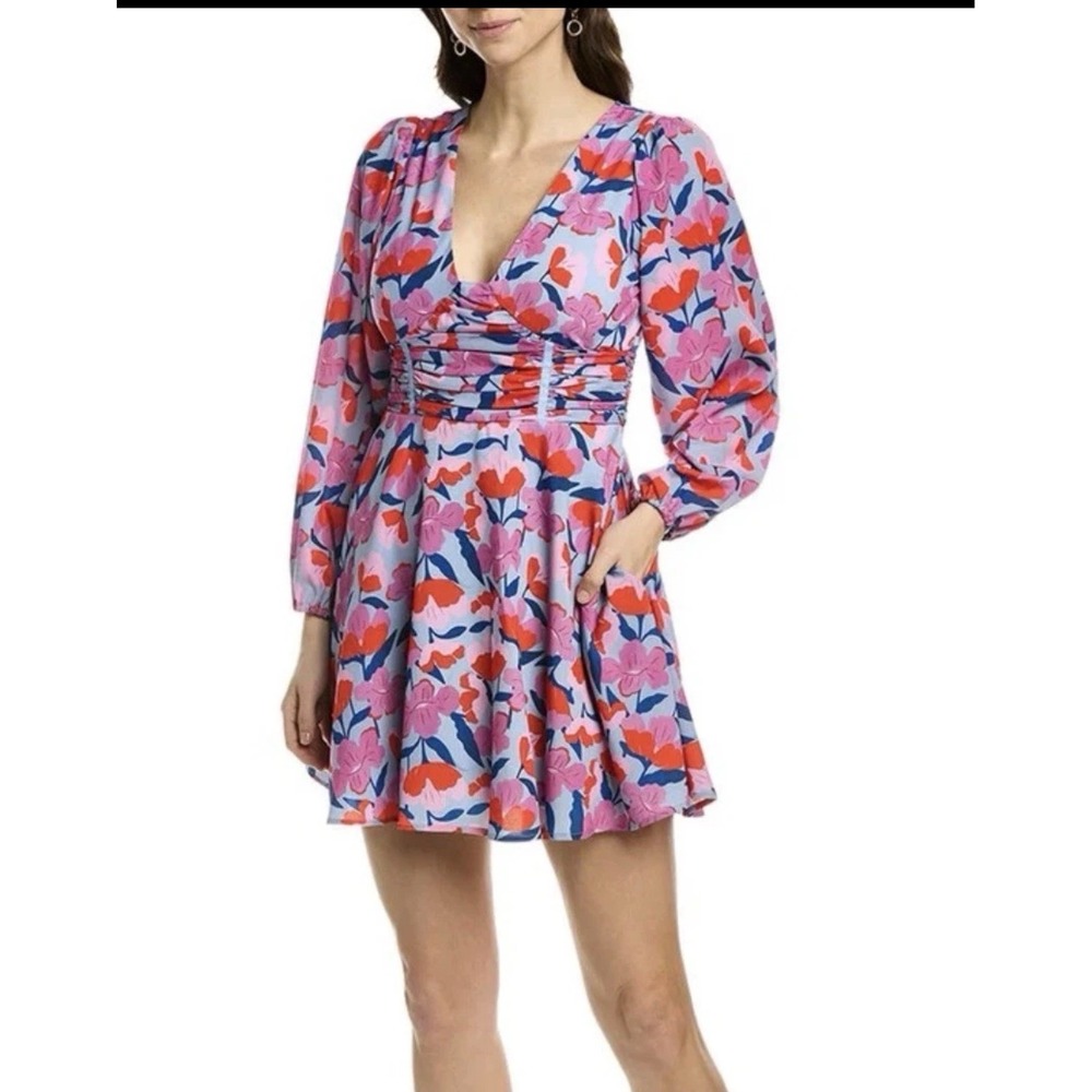 Hutch Davi Floral Ruched Waist V-Neck Mini Dress Pockets Pink Red Blue Size 6